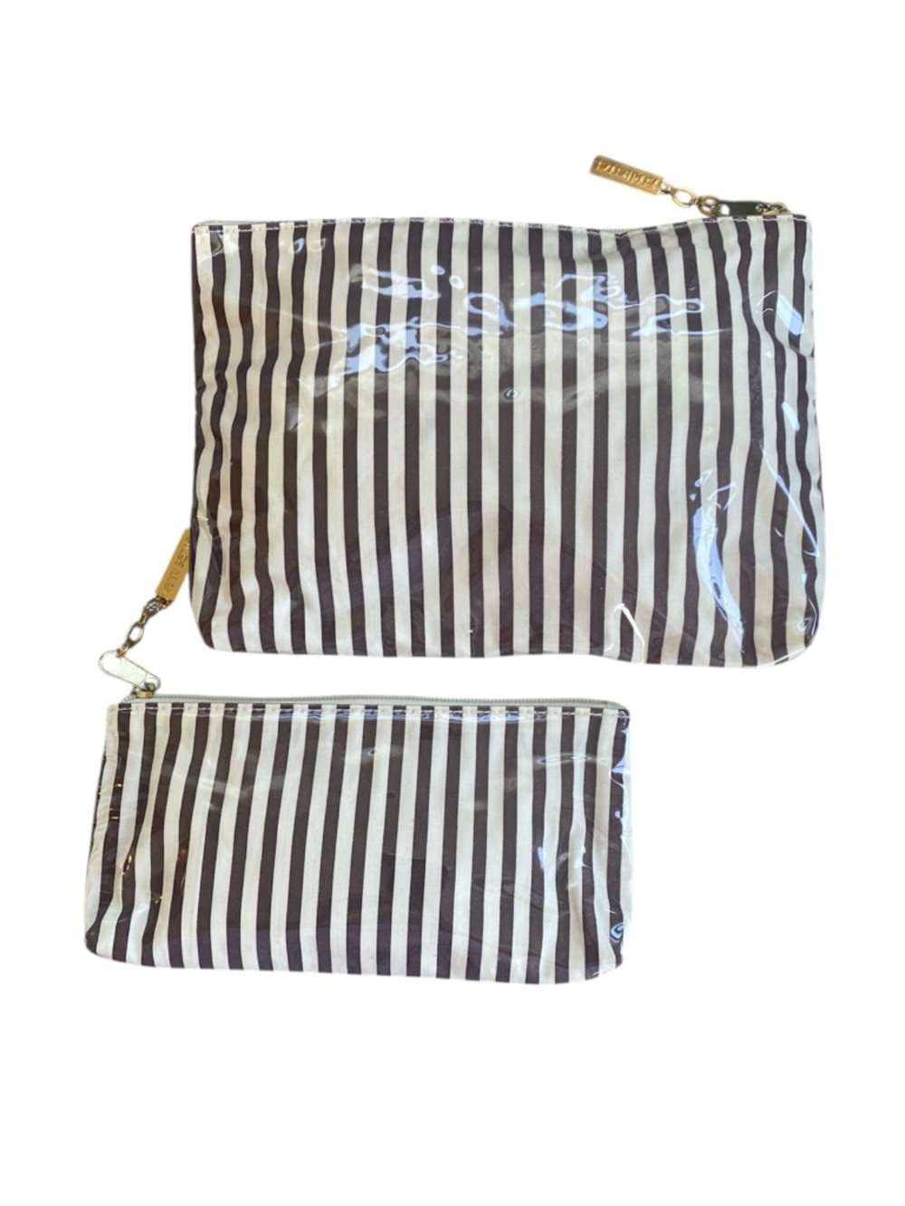 Henri Bendel Centennial Stripe Cosmetic Bag Set RARE gold tone logo zipper pull - Picture 2 of 12